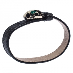 Pre Owned Bvlgari Serpenti Black Enamel Gold Plated Leather Bracelet