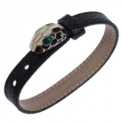Pre Owned Bvlgari Serpenti Black Enamel Gold Plated Leather Bracelet