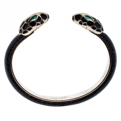 Bvlgari Black Serpenti Forever Enamel Leather Gold Tone Open Cuff Bracelet 