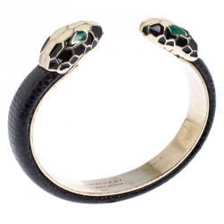Pre Owned Bvlgari Black Serpenti Forever Enamel Leather Gold Tone Open Cuff Bracelet