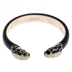 Pre Owned Bvlgari Black Serpenti Forever Enamel Leather Gold Tone Open Cuff Bracelet