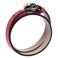 Pre Owned Bvlgari Serpenti Forever Enamel Pink Double Coiled Leather Gold Plated Bracelet