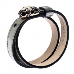 Pre Owned Bvlgari Serpenti Forever Enamel Silver Leather Gold Plated Double Coiled Bracelet