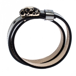 Pre Owned Bvlgari Serpenti Forever Enamel Silver Leather Gold Plated Double Coiled Bracelet