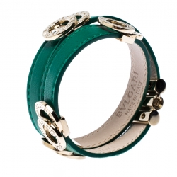 Bvlgari Bvlgari Interlocking Circles Green Leather Gold Plated Double Coiled Bracelet 