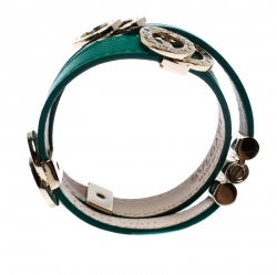 Bvlgari Bvlgari Interlocking Circles Green Leather Gold Plated Double Coiled Bracelet 