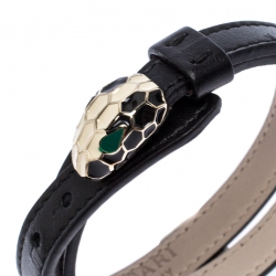 Bvlgari Serpenti Forever Black Enamel Gold Plated Double Coiled Leather Bracelet