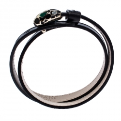 Bvlgari Serpenti Forever Black Enamel Gold Plated Double Coiled Leather Bracelet