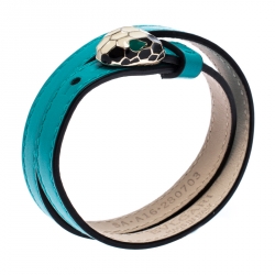 Pre Owned Bvlgari Serpenti Forever Blue Enamel Gold Plated Double Coiled Leather Bracelet