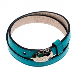 Pre Owned Bvlgari Serpenti Forever Blue Enamel Gold Plated Double Coiled Leather Bracelet