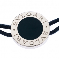 Pre Owned Bvlgari Logo Blue Enamel Silver Adjustable Cord Bracelet