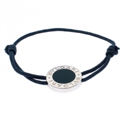 Pre Owned Bvlgari Logo Blue Enamel Silver Adjustable Cord Bracelet