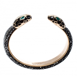 Pre Owned Bvlgari Serpenti Forever Enamel & Galuchat Leather Gold Plated Open Cuff Bracelet