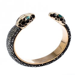 Pre Owned Bvlgari Serpenti Forever Enamel & Galuchat Leather Gold Plated Open Cuff Bracelet