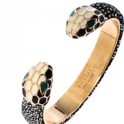 Pre Owned Bvlgari Serpenti Forever Enamel & Galuchat Leather Gold Plated Open Cuff Bracelet