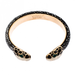 Pre Owned Bvlgari Serpenti Forever Enamel & Galuchat Leather Gold Plated Open Cuff Bracelet