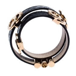 Pre Owned Bvlgari Black Snakeskin Leather Gold Tone Double Wrap Bracelet