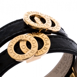 Pre Owned Bvlgari Black Snakeskin Leather Gold Tone Double Wrap Bracelet