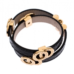 Pre Owned Bvlgari Black Snakeskin Leather Gold Tone Double Wrap Bracelet