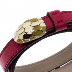 Pre Owned Bvlgari Serpenti Forever Enamel Pink Leather Gold Plated Double Coiled Bracelet