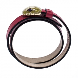 Pre Owned Bvlgari Serpenti Forever Enamel Pink Leather Gold Plated Double Coiled Bracelet