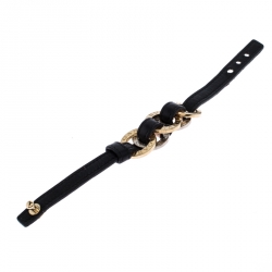 Pre Owned Bvlgari Two Tone Interlocking Circles Black Leather Bracelet