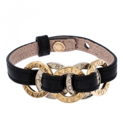 Pre Owned Bvlgari Two Tone Interlocking Circles Black Leather Bracelet