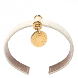 Pre Owned Bvlgari Cream Ostrich Leather Gold Tone Open Cuff Bracelet