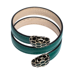 Pre Owned Bvlgari Serpenti Forever Green Leather Gold Tone Multi-coiled Rigid Bracelet
