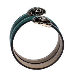 Pre Owned Bvlgari Serpenti Forever Green Leather Gold Tone Multi-coiled Rigid Bracelet