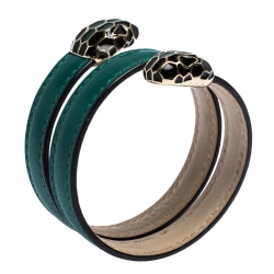 Pre Owned Bvlgari Serpenti Forever Green Leather Gold Tone Multi-coiled Rigid Bracelet