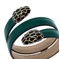 Pre Owned Bvlgari Serpenti Forever Green Leather Gold Tone Multi-coiled Rigid Bracelet