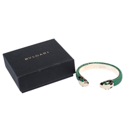 Bvlgari Serpenti Forever Enamel & Green Galuchat Leather Gold Plated Open Cuff Bracelet 