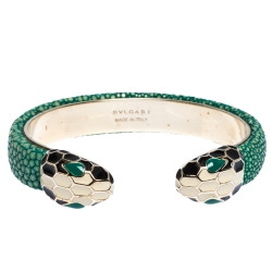 Bvlgari Serpenti Forever Enamel & Green Galuchat Leather Gold Plated Open Cuff Bracelet 