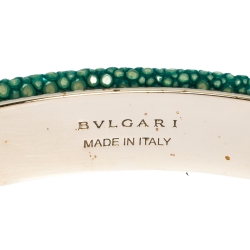 Bvlgari Serpenti Forever Enamel & Green Galuchat Leather Gold Plated Open Cuff Bracelet 