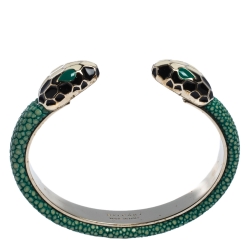 Bvlgari Serpenti Forever Enamel & Green Galuchat Leather Gold Plated Open Cuff Bracelet 