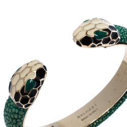 Bvlgari Serpenti Forever Enamel & Green Galuchat Leather Gold Plated Open Cuff Bracelet 