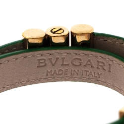 Pre Owned Bvlgari Bvlgari Interlocking Circles Green Leather Gold Plated Double Coiled Bracelet