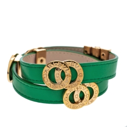 Pre Owned Bvlgari Bvlgari Interlocking Circles Green Leather Gold Plated Double Coiled Bracelet