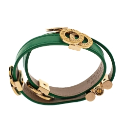 Pre Owned Bvlgari Bvlgari Interlocking Circles Green Leather Gold Plated Double Coiled Bracelet