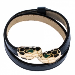 Pre Owned Bvlgari Serpenti Forever Enamel Blue Leather Gold Plated Double Coiled Bracelet
