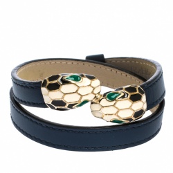 Pre Owned Bvlgari Serpenti Forever Enamel Blue Leather Gold Plated Double Coiled Bracelet