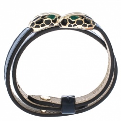 Pre Owned Bvlgari Serpenti Forever Enamel Blue Leather Gold Plated Double Coiled Bracelet