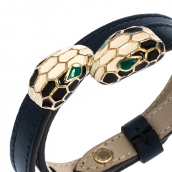 Pre Owned Bvlgari Serpenti Forever Enamel Blue Leather Gold Plated Double Coiled Bracelet