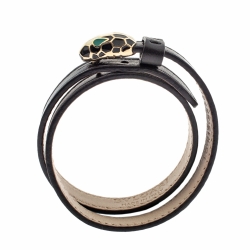 Bvlgari Serpenti Forever Enamel Black Leather Gold Plated Double Coiled Bracelet