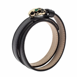 Bvlgari Serpenti Forever Enamel Black Leather Gold Plated Double Coiled Bracelet