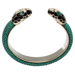 Bvlgari Serpenti Forever Enamel & Green Galuchat Leather Gold Plated Open Cuff Bracelet