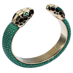 Bvlgari Serpenti Forever Enamel & Green Galuchat Leather Gold Plated Open Cuff Bracelet