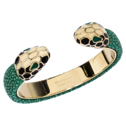 Bvlgari Serpenti Forever Enamel & Green Galuchat Leather Gold Plated Open Cuff Bracelet