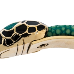 Bvlgari Serpenti Forever Enamel & Green Galuchat Leather Gold Plated Open Cuff Bracelet
